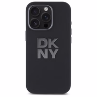 DKNY skystos silikoninės medžiagos dėklas telefonui su metaliniu logotipu iPhone 16 Pro Max - juodas
