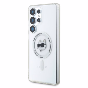 Karl Lagerfeld mygtukinis Choupette Head atspausdintas logotipas Magnētinis Samsung Galaxy S25 Ultra dėklas baltas