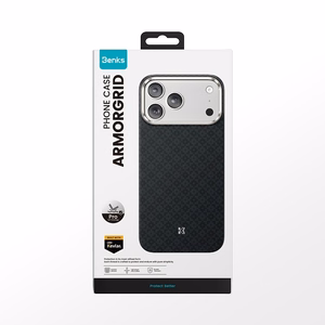 Juodas „Benks Magnetic Armor Pro Armor Grid 600D“ kevlaro dėklas su metaliniu rėmeliu (C.K.FL.AP.BK.B072), skirtas iPhone 18 Pro / iPhone 17 Pro su „Camera Control“ mygtuku