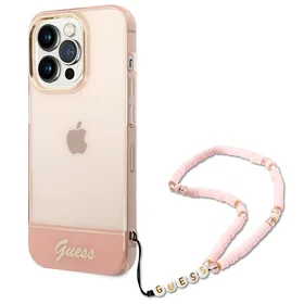 Guess GUHCP14XHGCOHP iPhone 14 Pro Max 6.7" rožinis/rožinis kietas dėklas Translucent Pearl Strap