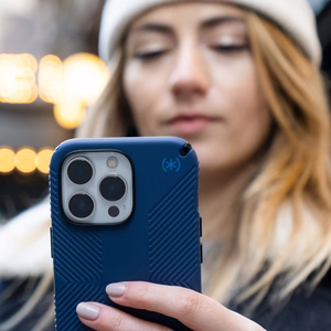 Speck Presidio2 Grip case for iPhone 15 Plus / 14 Plus, with non-slip grip, Coastal Blue / Black / White