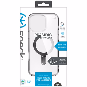 Speck Presidio Perfect-Clear dėklas su MagSafe ir ClickLock, skirtas iPhone 16 Pro Max, „Clear/Chrome“