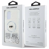 Karl Lagerfeld skystas blizgučių Karl galvos MagSafe dėklas iPhone 16 Plus - skaidrus
