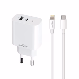 "Maxlife MXTC-06-20AC PD QC įkroviklis 1x USB-C 1x USB 20W baltas + USB-C - Lightning kabelis 20W