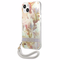 Guess GUHCP13SHFLSU iPhone 13 mini 5.4" violetinis kietasis dėklas su gėlių dirželiu