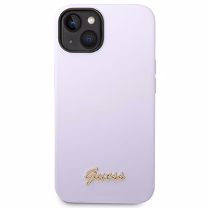 Guess silikoninis Vintage Gold Logo dėklas iPhone 14 / 15 Plus violetinis