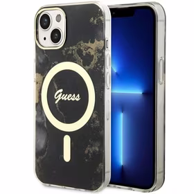 Guess GUHMP14SHTMRSK iPhone 14 6.1" juodas/juodas kietas dėklas Golden Marble Magnetinis
