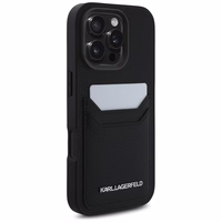 Karl Lagerfeld HC Grūdinto PU dėklas su kortelių skyriumi ir metaliniu Elong iPhone 16 Pro - juodas