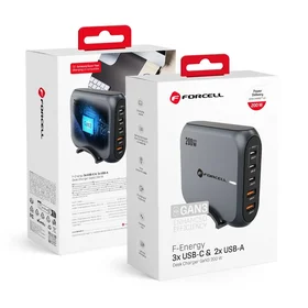 FORCELL F-ENERGY GaN III VT-51 pilkas stalinio tipo įkroviklis 3 x Type C + 2 x USB A PD QC4.0 SFC2.0 5A 200W