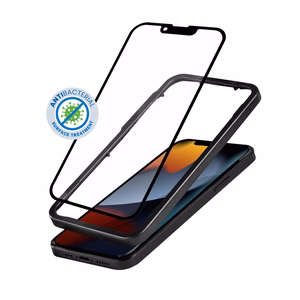 Crong Anti-Bacterial 3D Armor Glass 9H grūdintas apsauginis ekrano stiklas, skirtas iPhone 14 Plus / 13 Pro Max, su montavimo rėmeliu