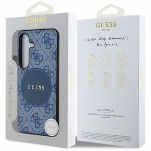 Dėklas telefonui Guess 4G Round Patch Classic Logo MagSafe Samsung Galaxy S25 Plus mėlynas