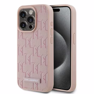 Karl Lagerfeld odinis Monogram Metal Logo dėklas telefonui iPhone 15 Pro - rožinis