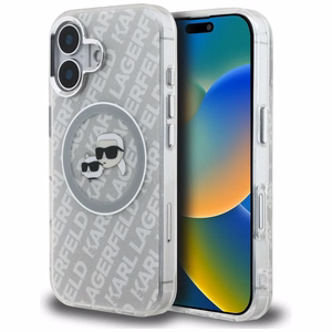 Karl Lagerfeld IML Glitter Karl & Choupette Heads Logo MagSafe dėklas iPhone 16 - pilkas