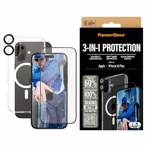 PanzerGlass Rinkinys 3in1 iPhone 16 Plus 6.7 D3O kietasis dėklas + Apsauginis stiklas UWF+ Objektyvo apsauga B1293+2863+1283
