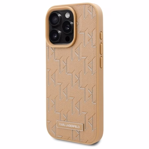 Karl Lagerfeld odinis monogramos metalinio logotipo magnetinis dėklas telefonui iPhone 16 Pro - smėlinis