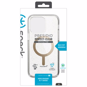 Speck Presidio Perfect-Clear with Glitter + MagSafe case for iPhone 15 Plus / 14 Plus, with Microban antimicrobial protection, Clear / Gold Glitter