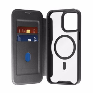 Puro Book Mag MagSafe odinis dėklas su flapu ir kortelių skyreliu iPhone 16 Pro Max - juodas