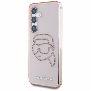 Karl Lagerfeld dėklas telefonui su kalnų krištolais K. Head logotipu Samsung Galaxy S25 rožinis
