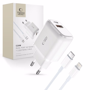Tech-Protect C20W USB-C PD 20W / USB-A QC 3.0 įkroviklis su USB-C / Lightning kabeliu - baltas