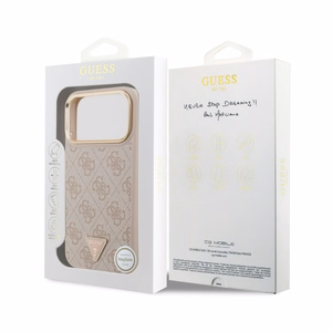 Dėklas Guess PU Leather 4G Strass Triangle Logo Gold Frame MagSafe Apple iPhone 18 Pro Max rožinis