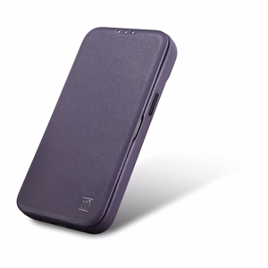 iCarer CE Premium odinis folio dėklas iPhone 14 Plus magnetinis atverčiamas odinis folio dėklas MagSafe tamsiai violetinė
