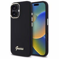 "Guess" silikoninis metalinis dėklas su logotipu ir rėmeliu, skirtas iPhone 16 - juodas