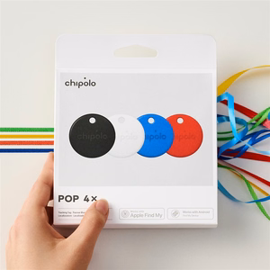 „Chipolo POP“ – „Bluetooth“ sekiklis su keičiamu akumuliatoriumi, skirtas „iOS“ ir „Android“ įrenginiams, 4 vnt. rinkinys – juoda, balta, raudona, mėlyna