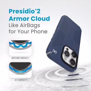Speck Presidio2 Grip dėklas, skirtas iPhone 15 Pro, „Coastal Blue / Dust Grey“ spalvos