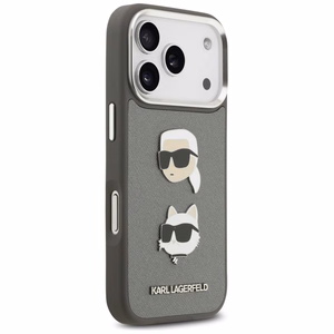 Karl Lagerfeld FW Grained Karl & Choupette Heads Pins & Logo dėklas telefonui iPhone 17 Pro - pilkas