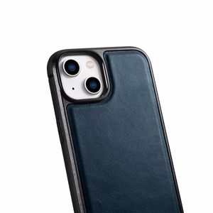 iCarer odinis Oil Wax dėklas, padengtas natūralia oda, telefonui iPhone 14 Plus mėlynas (WMI14220719-BU)