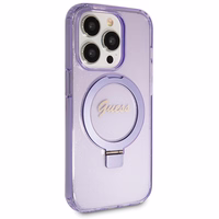 Guess Magnetinis dėklas telefonui su žiediniu stovu Script Glitter MagSafe iPhone 14 Pro Max - violetinė