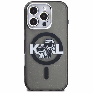 Karl Lagerfeld IML Glitter Karl & Choupette Sketch Logo MagSafe dėklas iPhone 16 Pro Max - juodas