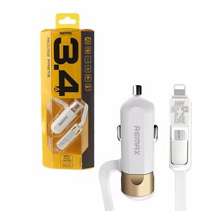 REMAX automobilinis įkroviklis RCC-102 - USB - 3,4A su 2 in 1 kabeliu Micro USB, Lightning sidabrinis