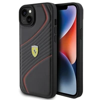 Ferrari dygsniuotas metalo logotipa dėklas iPhone 15 Plus – juodas