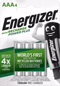 Energizer Accu Recharge Power Plus 700 mAh AAA HR3 rechargeable battery, 4 pieces