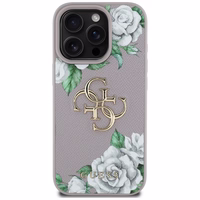 Guess Grained Roses Big 4G Logo dėklas telefonui iPhone 16 Pro - violetinis