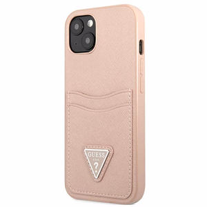 Guess GUHCP13MPSATPP iPhone 13 6.1 dėklas telefonui, rožinis, kietas, Saffiano trikampio logotipu ir kortelių skyriumi