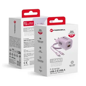 FORCELL F-ENERGY Crystal Color GaN III VT-41 kelioninis įkroviklis su silikoniniu kabeliu su 1 x Type C + 1x USB A lizdais, PD QC4.0 33W violetinis