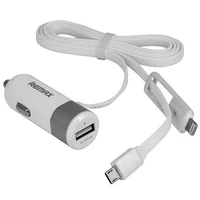 REMAX automobilinis įkroviklis RCC-102 - USB - 3,4A su 2 in 1 kabeliu Micro USB, Lightning sidabrinis