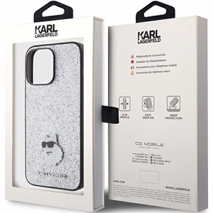 Karl Lagerfeld Fixed Glitter Choupette Logo Metal Pin Dėklas telefonui iPhone 15 Pro Max - sidabrinis
