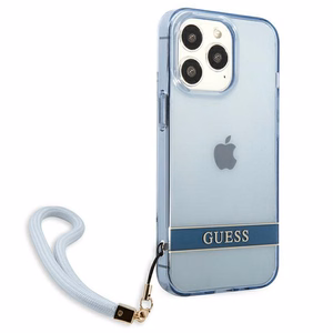 Guess GUHCP13LHTSGSB iPhone 13 Pro / 13 6.1 dėklas telefonui, mėlynas, kietas, pusiau permatomas su dirželiu