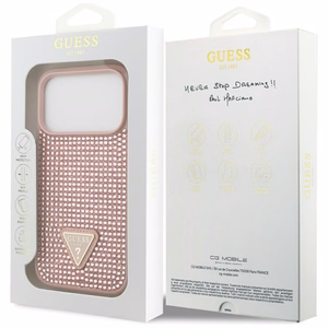 Guess dėklas telefonui iPhone 17 Pro su krištolinio trikampio logotipu - rožinis