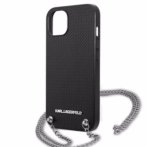 Karl Lagerfeld KLHCP13SPMK iPhone 13 mini 5,4 "juodas kietas dėklas Odinis tekstūruotas ir grandinė