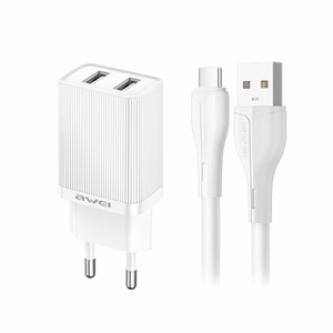Įkroviklis Awei C15T-EU 10W 2xUSB-A + USB-A to USB-C cable 1.0m baltas
