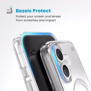 Speck Presidio Perfect-Clear dėklas su MagSafe ir ClickLock, skirtas iPhone 16, „Clear/Chrome“