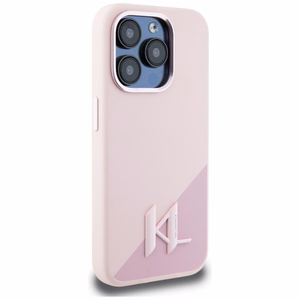Karl Lagerfeld silikoninis Magnetinis dėklas telefonui su metalinėmis inicialų šešėlio detalėmis iPhone 15 Pro, rožinis