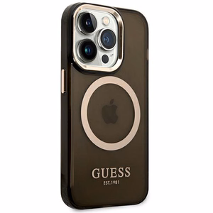 Guess GUHMP14XHTCMK iPhone 14 Pro Max 6.7" juodas/juodas kietas dėklas Auksinis kontūras Pusiau permatomas Magnetinis