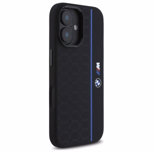 BMW Silikoninis Hexagon Blue Line Magnetinis dėklas iPhone 16 - juodas