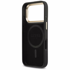 Guess 4G PU trikampio logotipo ir stovo kameros magnetinis dėklas telefonui iPhone 17 Pro - juodas