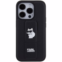 Karl Lagerfeld dėklas telefonui su stovu Gripstand Saffiano Choupette Pins iPhone 15 Pro - juodas